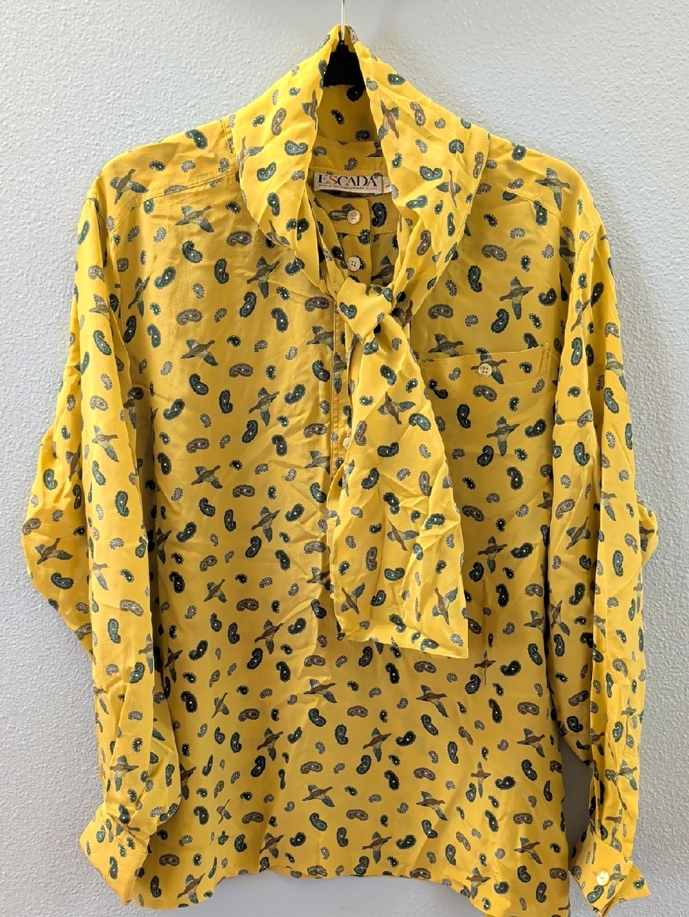 Escada Mustard Yellow Paisley Pheasant Tie-Neck Silk Vintage Blouse